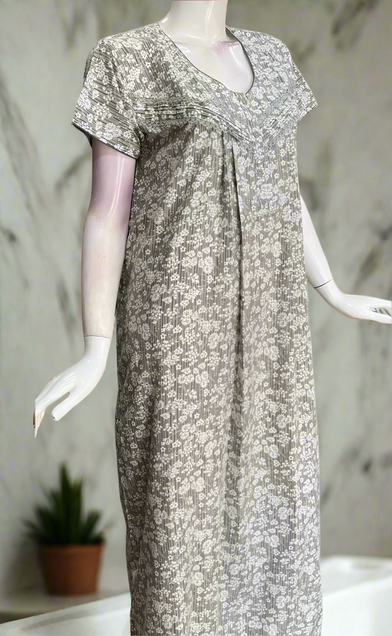 Grey Floral Soft Cotton Nighty. Soft Breathable Fabric | Laces and Frills