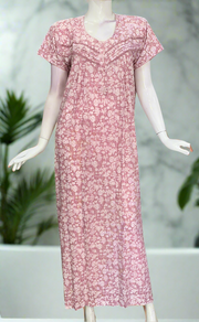 Pink Floral Soft Cotton Nighty. Soft Breathable Fabric | Laces and Frills