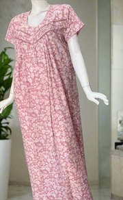 Pink Floral Soft Cotton Nighty. Soft Breathable Fabric | Laces and Frills