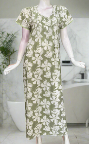 Pista Green Floral Soft Cotton Nighty. Soft Breathable Fabric | Laces and Frills