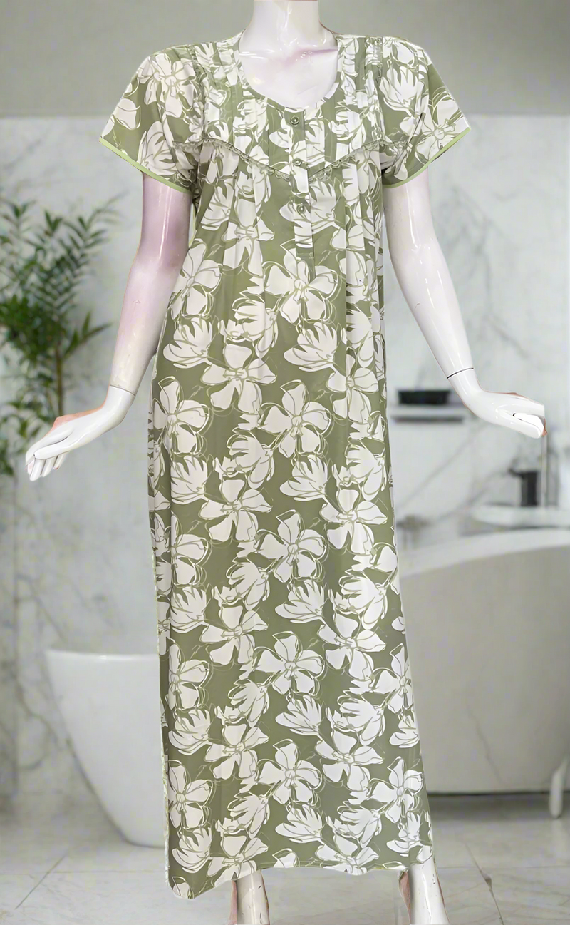 Pista Green Floral Soft Cotton Nighty. Soft Breathable Fabric | Laces and Frills