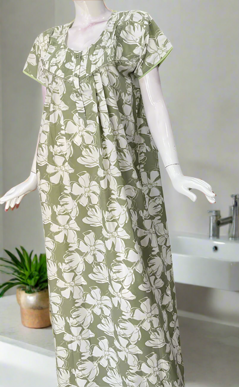 Pista Green Floral Soft Cotton Nighty. Soft Breathable Fabric | Laces and Frills