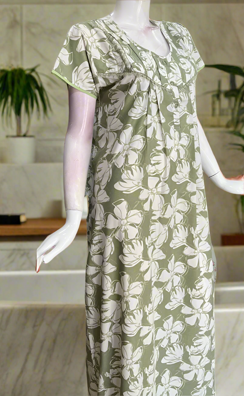 Pista Green Floral Soft Cotton Nighty. Soft Breathable Fabric | Laces and Frills