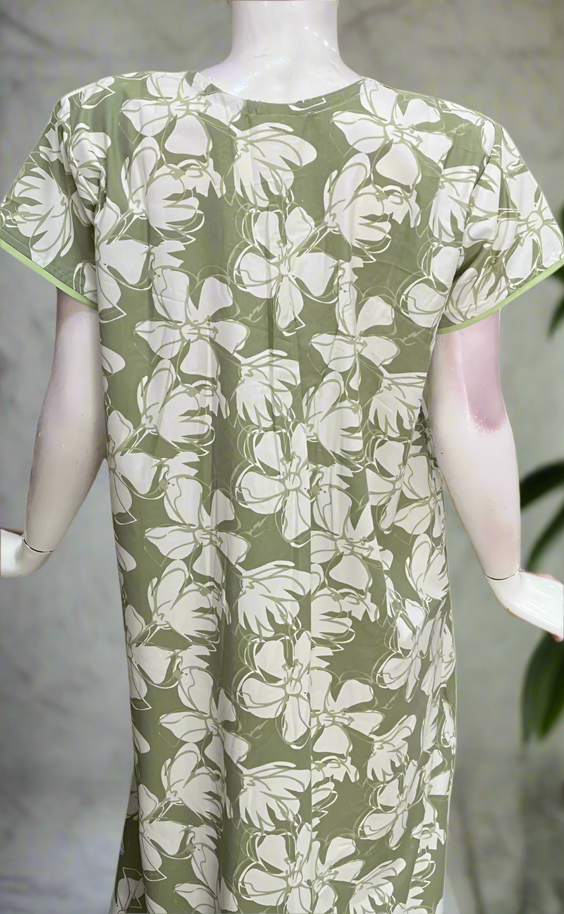 Pista Green Floral Soft Cotton Nighty. Soft Breathable Fabric | Laces and Frills