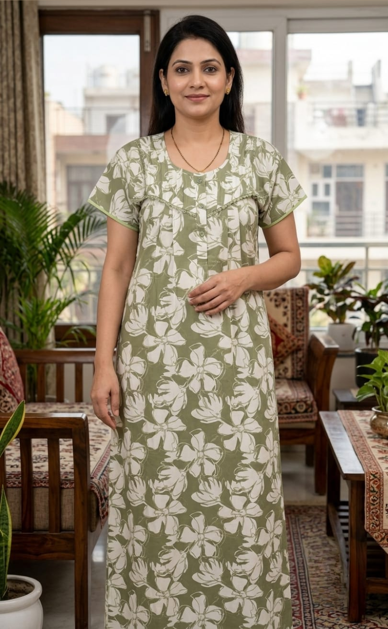 Pista Green Floral Soft Cotton Nighty. Soft Breathable Fabric | Laces and Frills