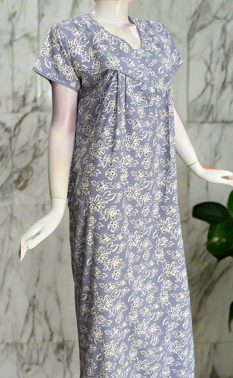 Light Blue Floral Soft Cotton Nighty. Soft Breathable Fabric | Laces and Frills
