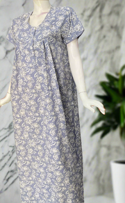 Light Blue Floral Soft Cotton Nighty. Soft Breathable Fabric | Laces and Frills