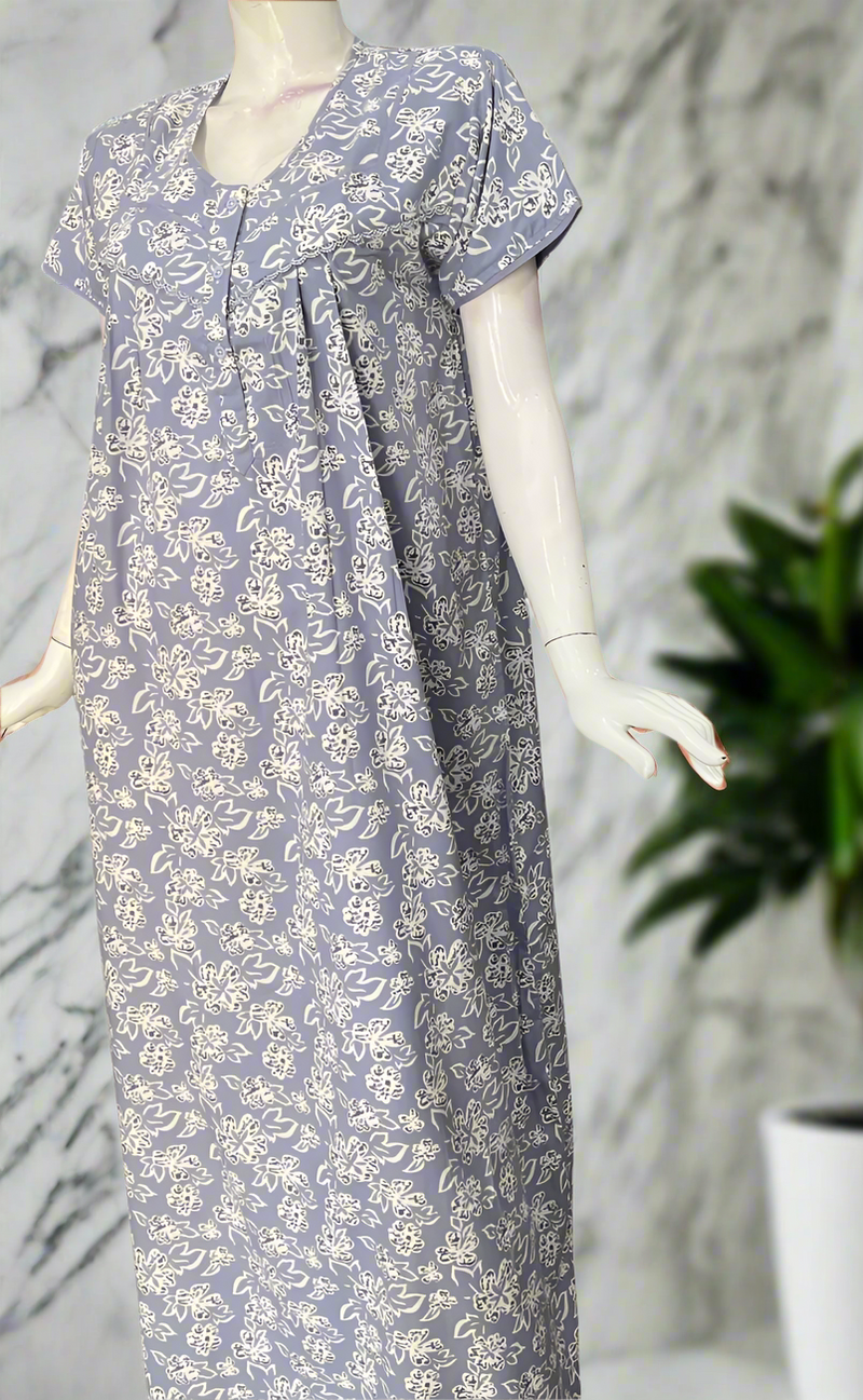 Light Blue Floral Soft Cotton Nighty. Soft Breathable Fabric | Laces and Frills