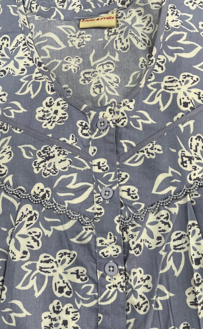 Light Blue Floral Soft Cotton Nighty. Soft Breathable Fabric | Laces and Frills