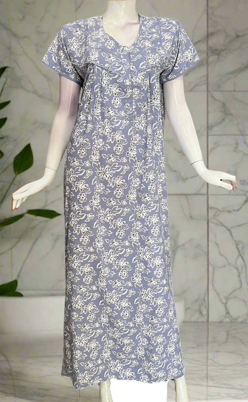 Light Blue Floral Soft Cotton Nighty. Soft Breathable Fabric | Laces and Frills