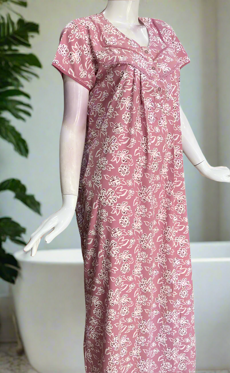 Pink Floral Soft Cotton Nighty. Soft Breathable Fabric | Laces and Frills