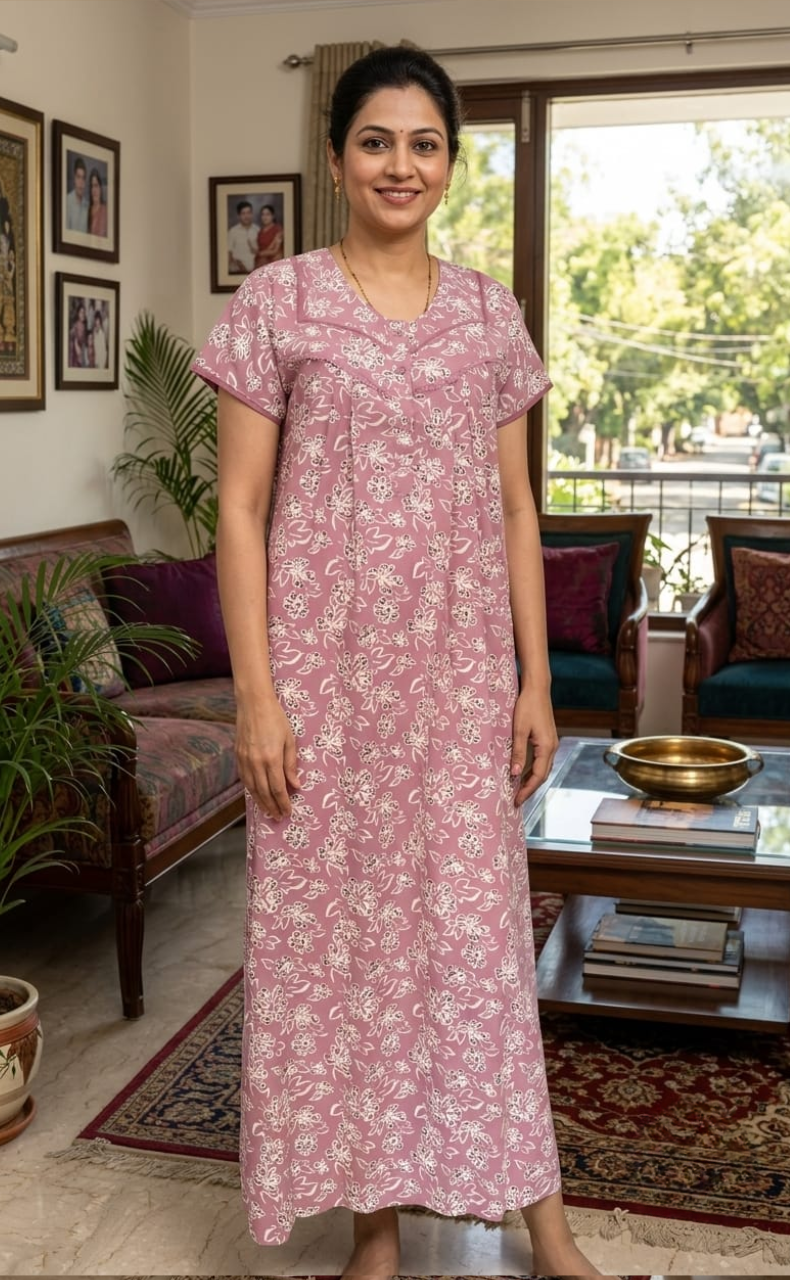 Pink Floral Soft Cotton Nighty. Soft Breathable Fabric | Laces and Frills