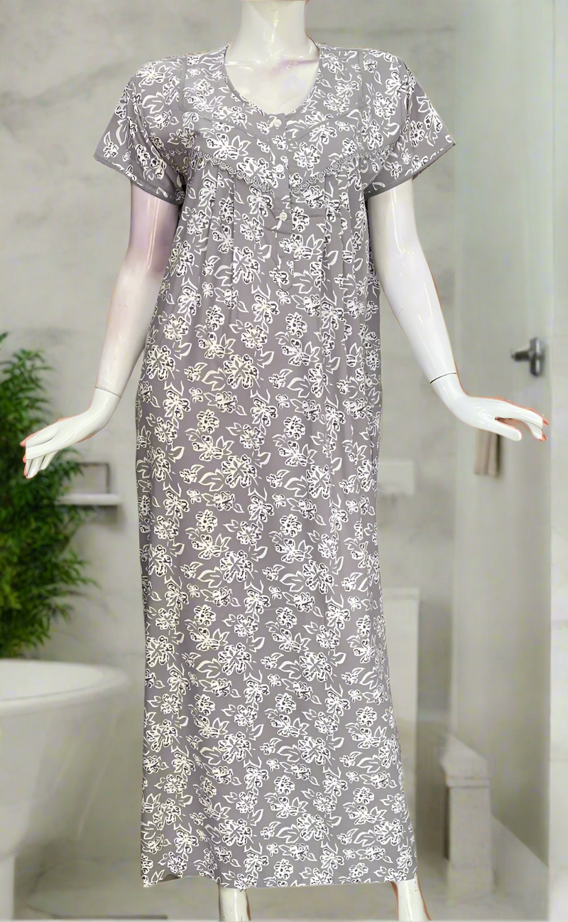 Grey Floral Soft Cotton Nighty. Soft Breathable Fabric | Laces and Frills