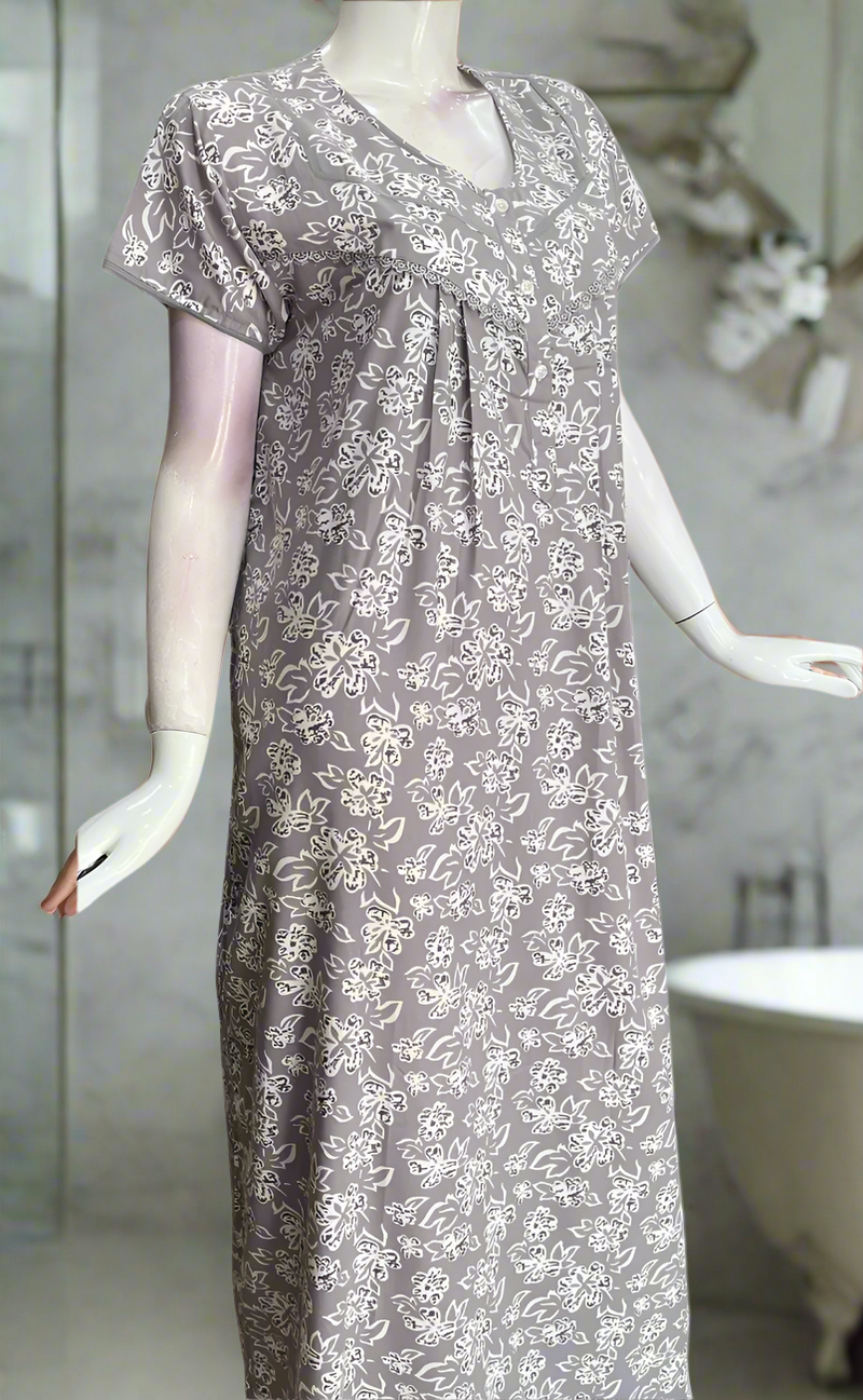 Grey Floral Soft Cotton Nighty. Soft Breathable Fabric | Laces and Frills