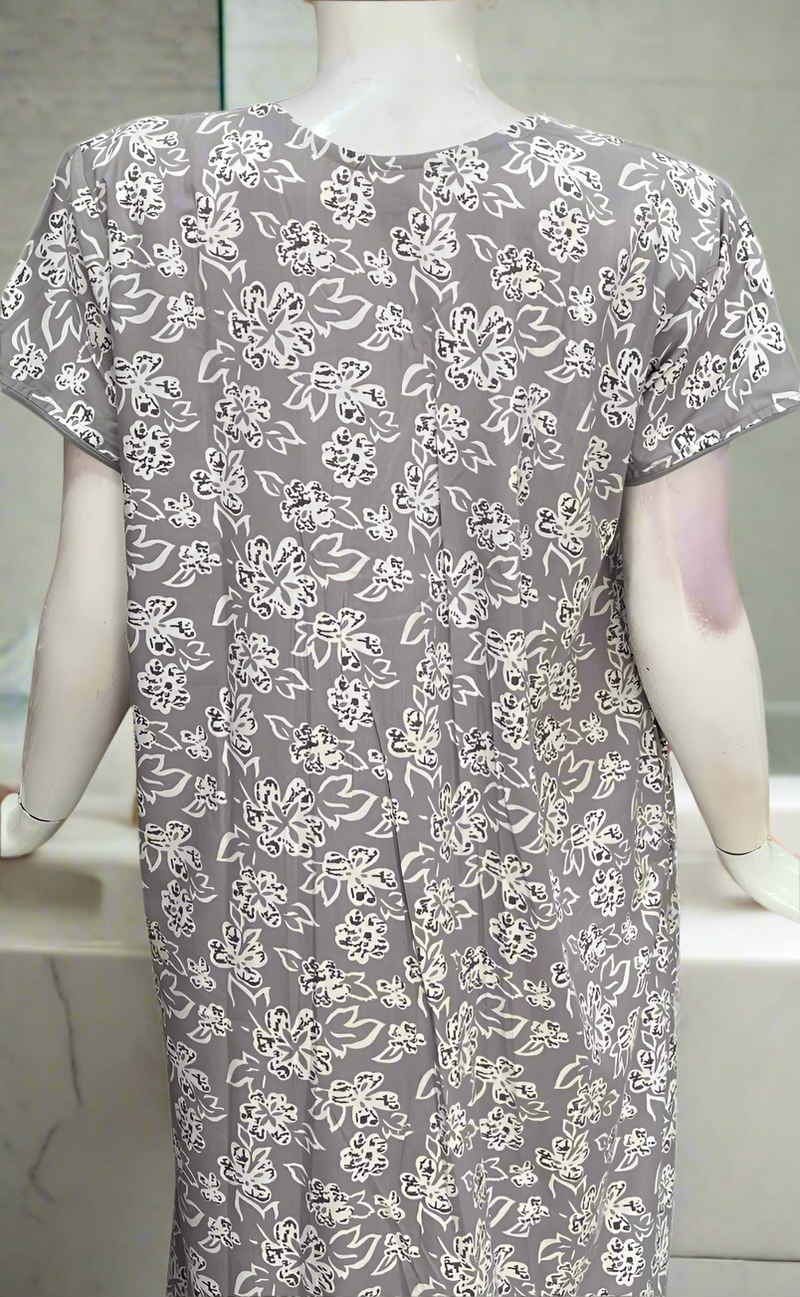 Grey Floral Soft Cotton Nighty. Soft Breathable Fabric | Laces and Frills