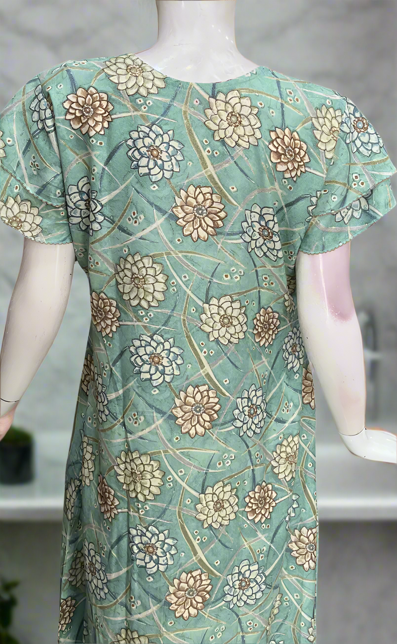 Sea Green Floral Spun Nighty. Flowy Spun Fabric | Laces and Frills