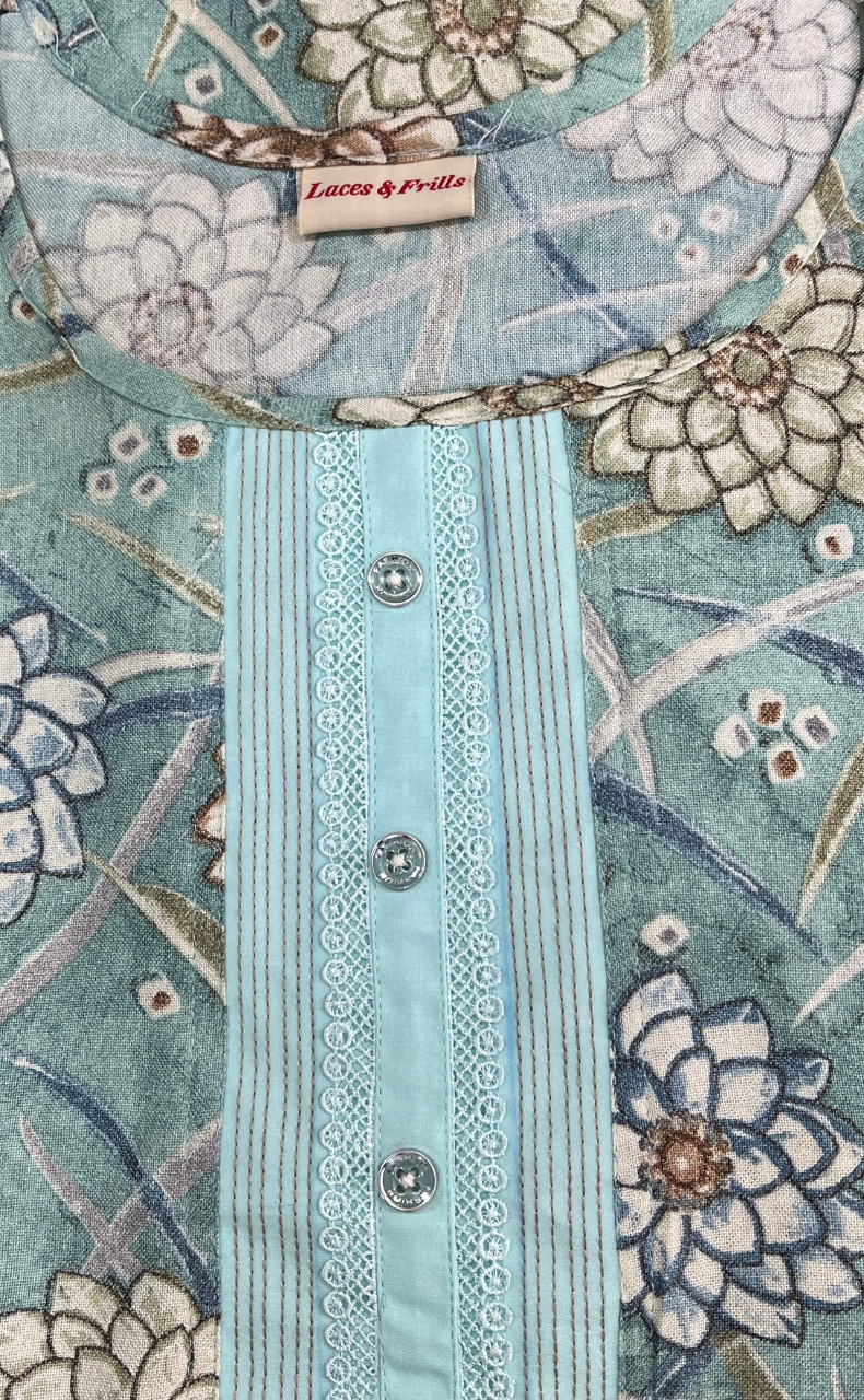 Sea Green Floral Spun Nighty. Flowy Spun Fabric | Laces and Frills