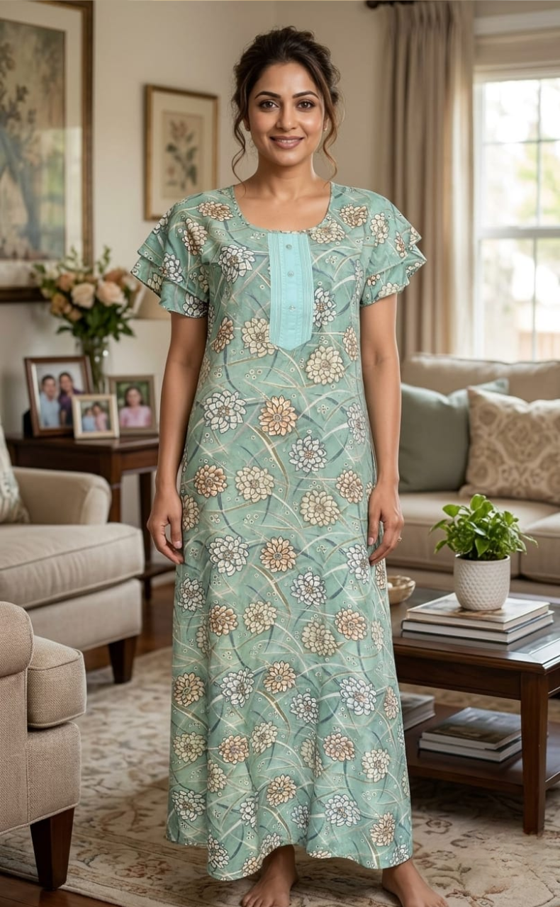 Sea Green Floral Spun Nighty. Flowy Spun Fabric | Laces and Frills