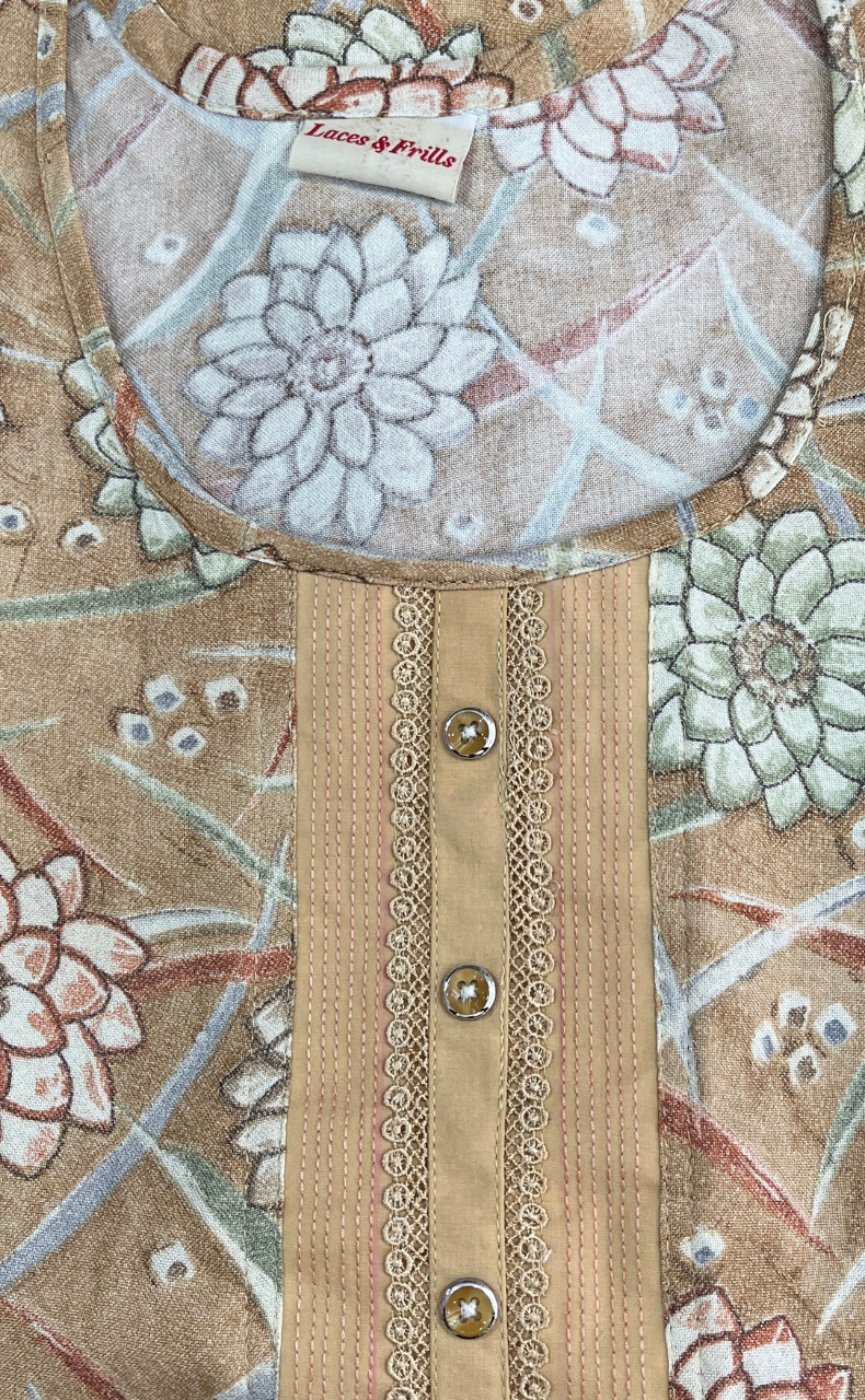 Beige Floral Spun Nighty. Flowy Spun Fabric | Laces and Frills