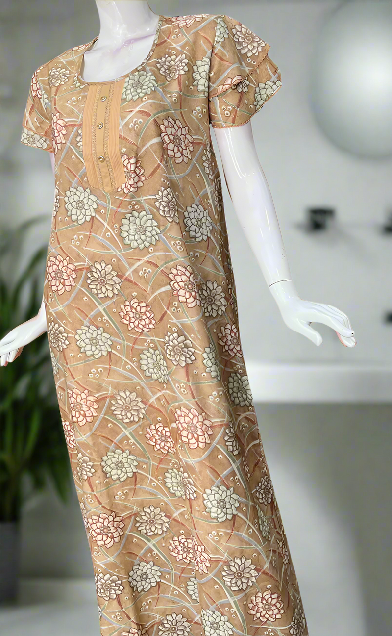 Beige Floral Spun Nighty. Flowy Spun Fabric | Laces and Frills