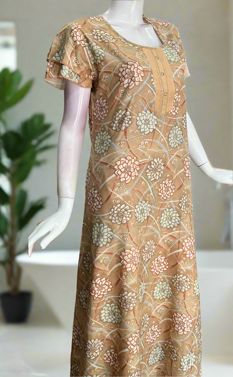 Beige Floral Spun Nighty. Flowy Spun Fabric | Laces and Frills