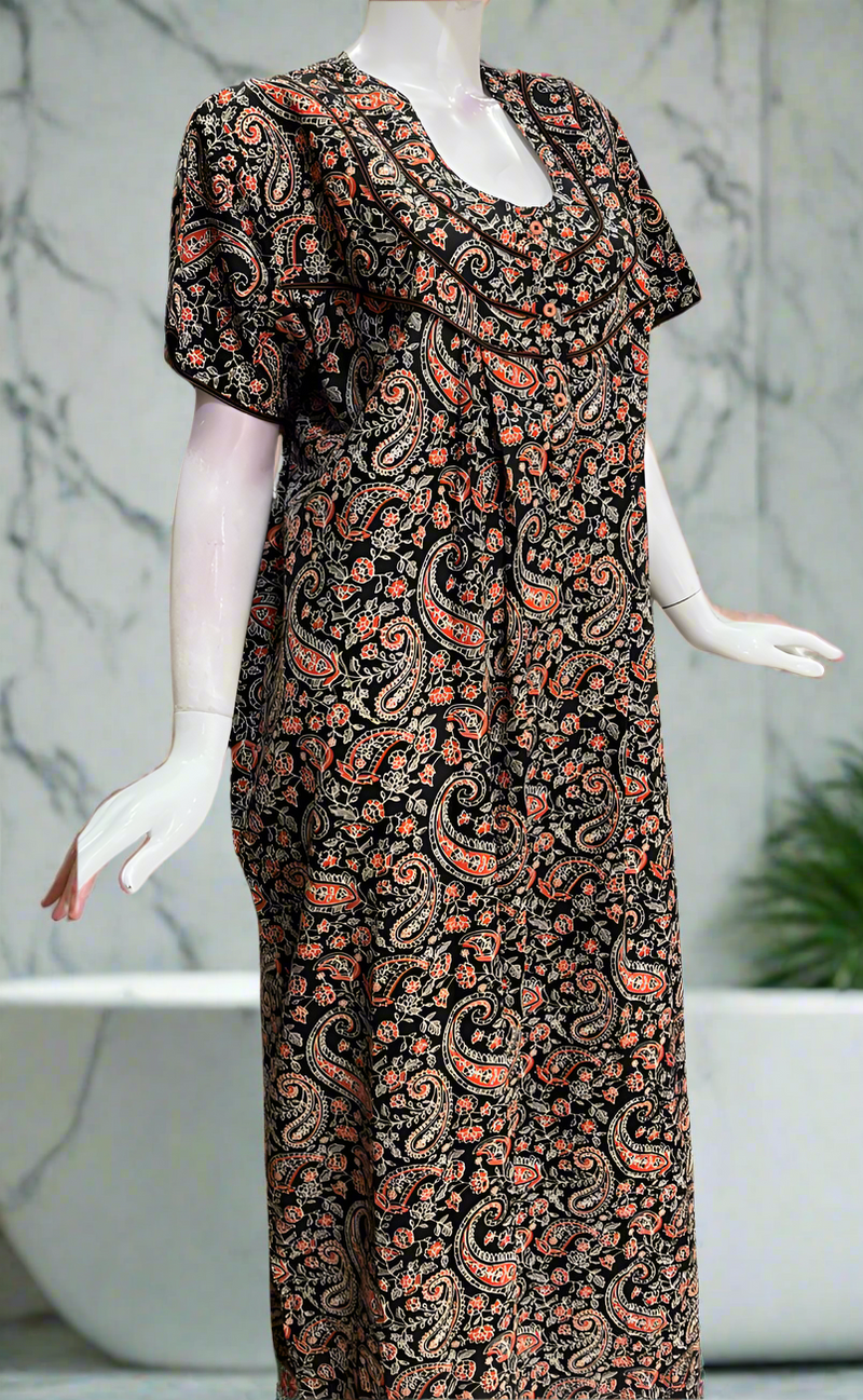 Black Paisley Print Pure Cotton Nighty. Pure Durable Cotton | Laces and Frills