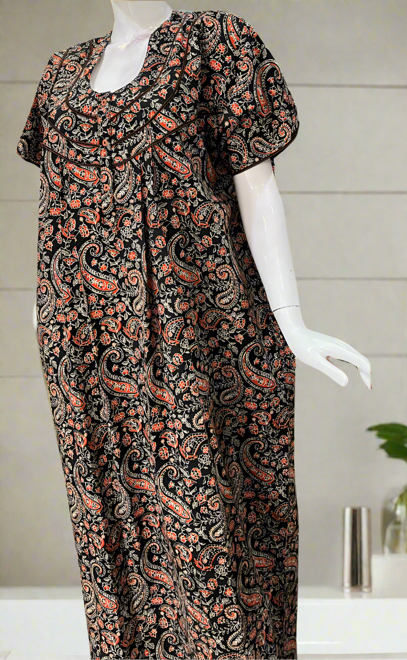 Black Paisley Print Pure Cotton Nighty. Pure Durable Cotton | Laces and Frills