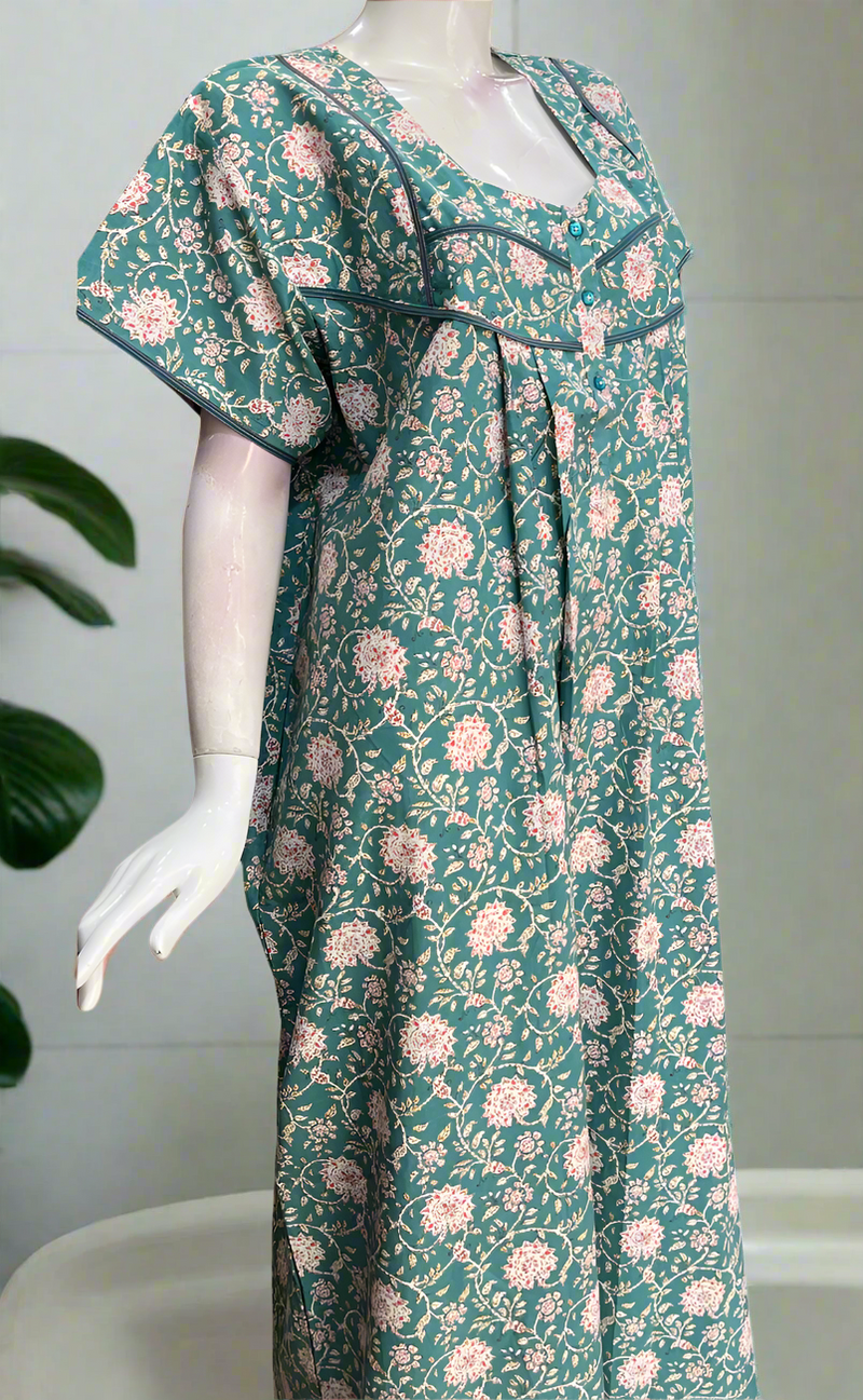 Sea Green Garden Pure Cotton Nighty. Pure Durable Cotton | Laces and Frills
