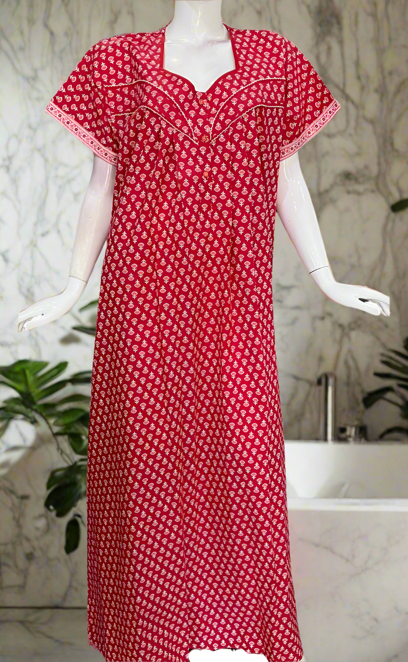 Red Buds Pure Cotton Nighty. Pure Durable Cotton | Laces and Frills