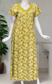 Yellow Leafy Pure Cotton Nighty. Pure Durable Cotton | Laces and Frills