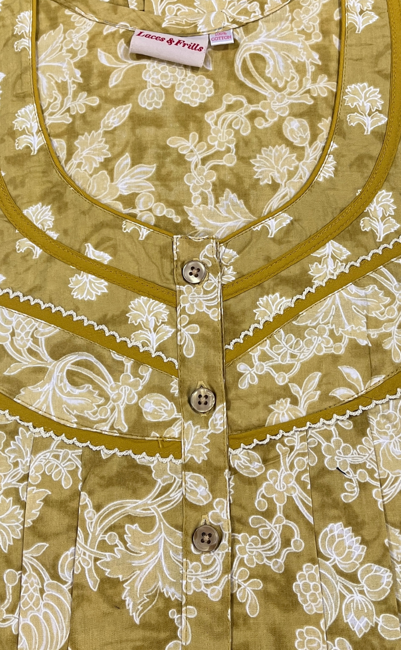 Yellow Leafy Pure Cotton Nighty. Pure Durable Cotton | Laces and Frills