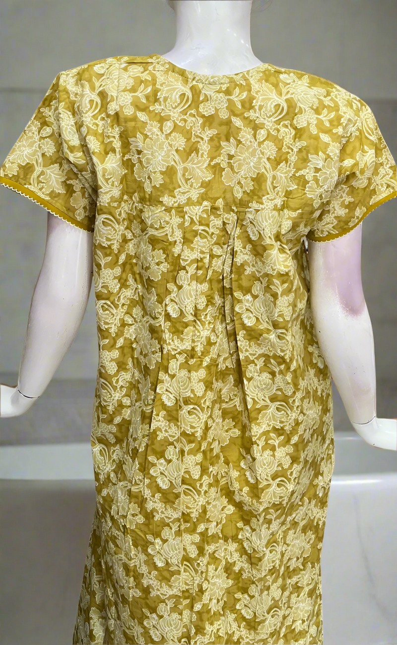 Yellow Leafy Pure Cotton Nighty. Pure Durable Cotton | Laces and Frills