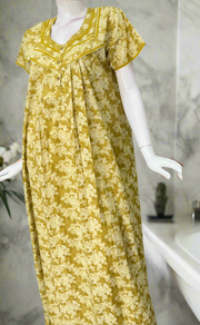 Yellow Leafy Pure Cotton Nighty. Pure Durable Cotton | Laces and Frills