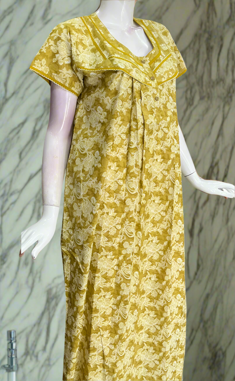 Yellow Leafy Pure Cotton Nighty. Pure Durable Cotton | Laces and Frills