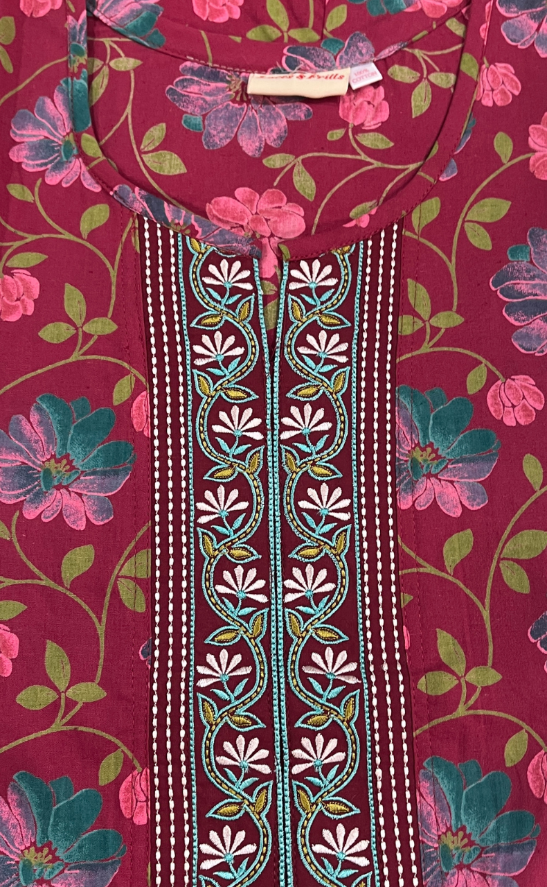 Maroon Garden Pure Cotton Nighty. Pure Durable Cotton | Laces and Frills