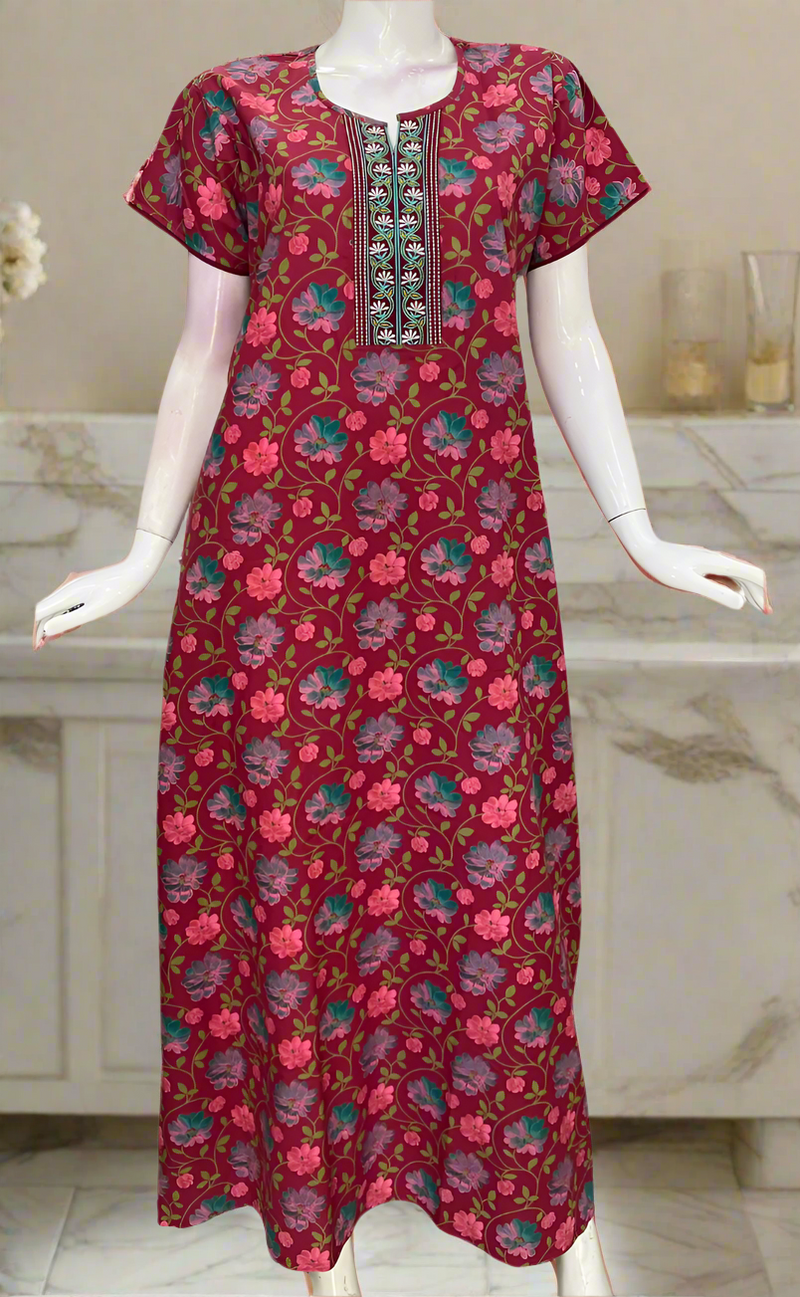 Maroon Garden Pure Cotton Nighty. Pure Durable Cotton | Laces and Frills