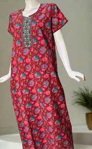 Maroon Garden Pure Cotton Nighty. Pure Durable Cotton | Laces and Frills