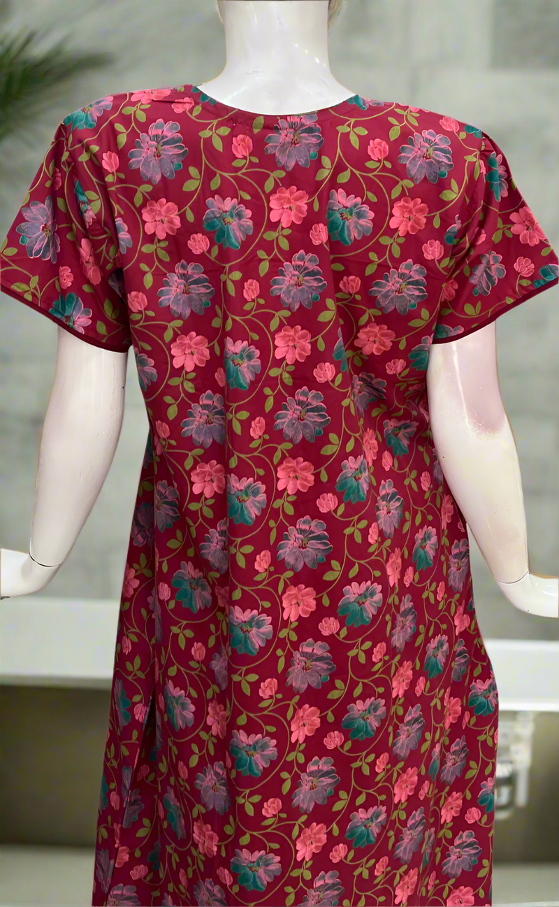 Maroon Garden Pure Cotton Nighty. Pure Durable Cotton | Laces and Frills