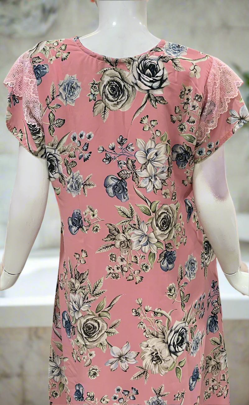 Pink Floral Chiffon Nighty. Delicate Chiffon | Laces and Frills