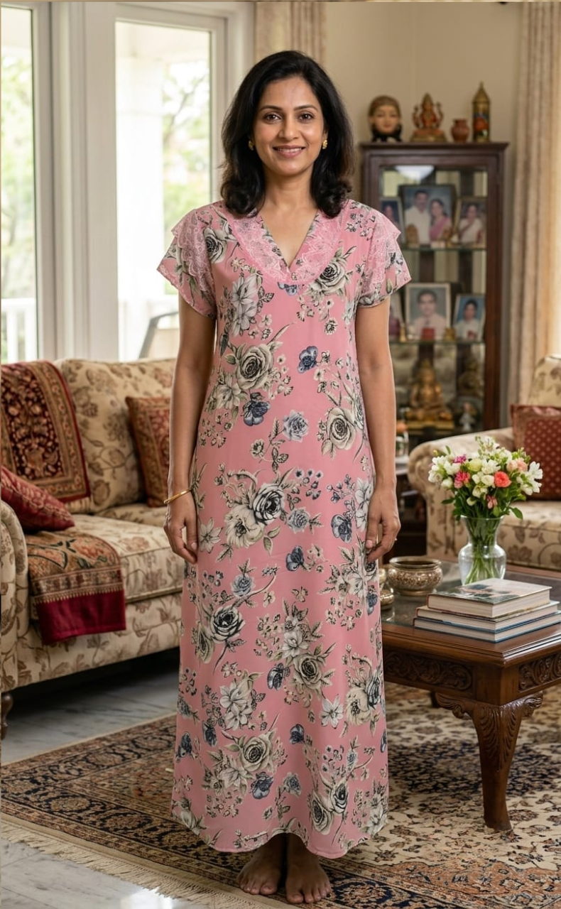 Pink Floral Chiffon Nighty. Delicate Chiffon | Laces and Frills