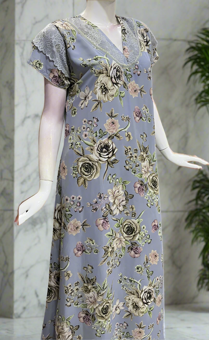 Light Blue Floral Chiffon Nighty. Delicate Chiffon | Laces and Frills