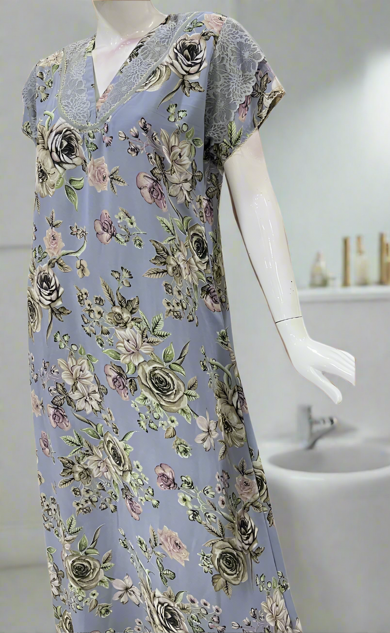 Light Blue Floral Chiffon Nighty. Delicate Chiffon | Laces and Frills