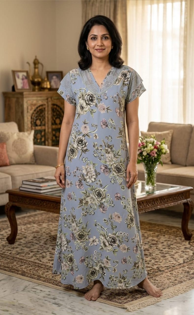 Light Blue Floral Chiffon Nighty. Delicate Chiffon | Laces and Frills