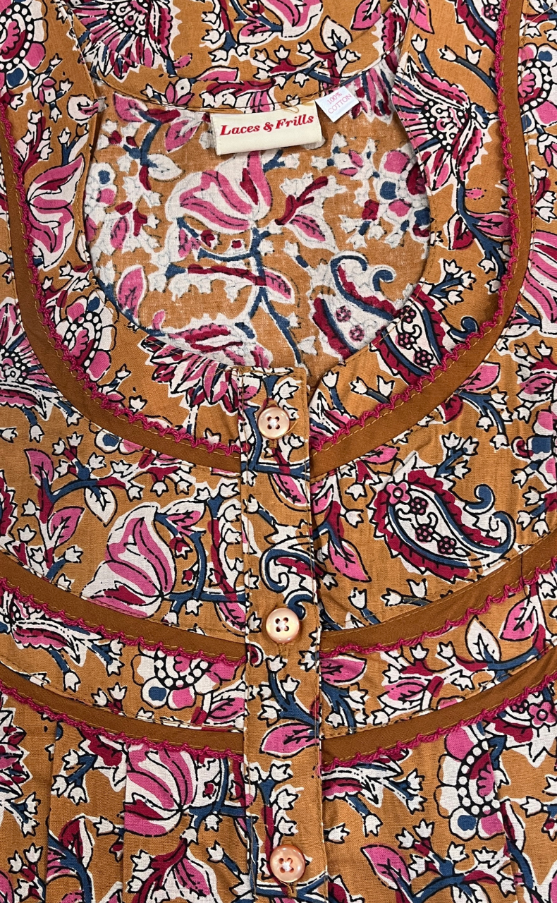 Mustard Kalamkari Pure Cotton Nighty. Pure Durable Cotton | Laces and Frills