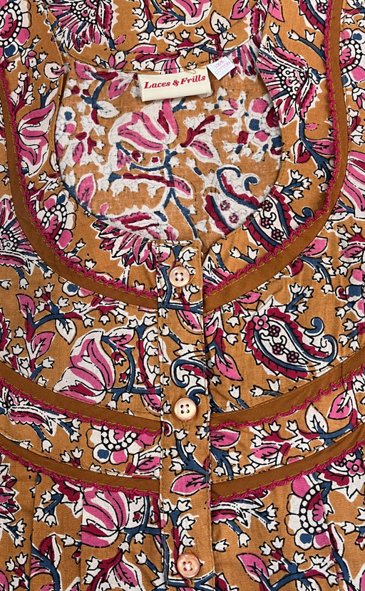 Mustard Kalamkari Pure Cotton Nighty. Pure Durable Cotton | Laces and Frills