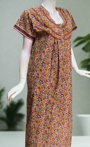 Mustard Kalamkari Pure Cotton Nighty. Pure Durable Cotton | Laces and Frills