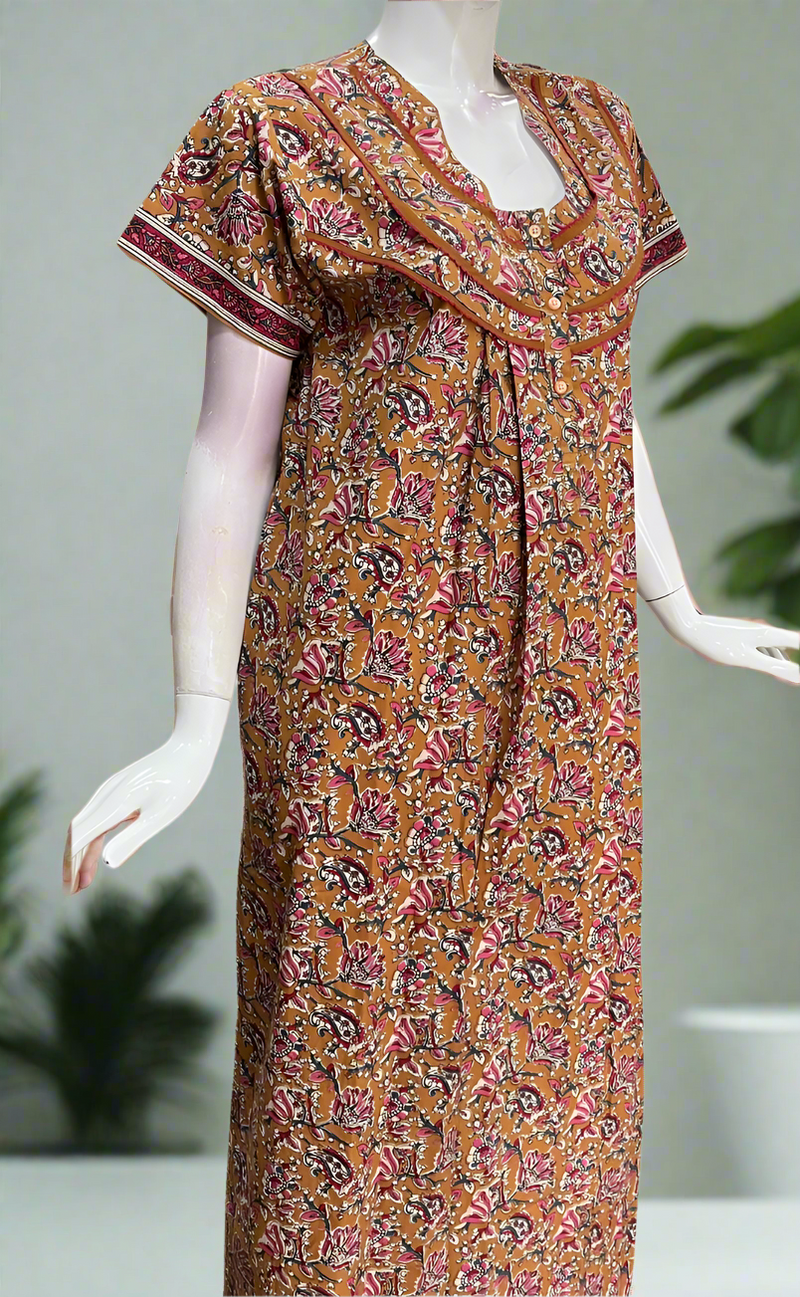 Mustard Kalamkari Pure Cotton Nighty. Pure Durable Cotton | Laces and Frills