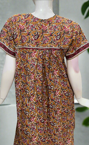 Mustard Kalamkari Pure Cotton Nighty. Pure Durable Cotton | Laces and Frills