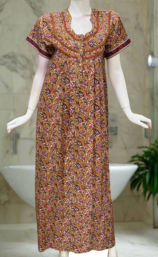 Mustard Kalamkari Pure Cotton Nighty. Pure Durable Cotton | Laces and Frills