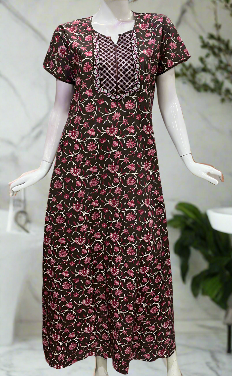 Brown Garden Pure Cotton Nighty. Pure Durable Cotton | Laces and Frills